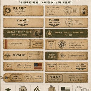 May include: A vintage-style digital collage sheet titled "Military Strips" with various rectangular labels. The labels feature military-themed text, patriotic symbols, and the text "U.S. Army". The design is suitable for journals and paper crafts.