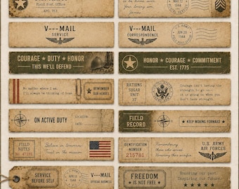 Vintage Military Strips Printable | WWII Ephemera Word Strips & Labels | Military Junk Journal Borders | Wartime Layering Strips PNG