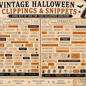 Könnte beinhalten: Zwei druckbare Bögen mit Vintage-Halloween-Ausschnitten und Schnipseln, die Werbeanzeigen, Ephemera und Textetiketten im Stil der 1920er Jahre in Schwarz und Orange zeigen. Enthält einen Kürbis, Anhänger und Halloween-Sprüche auf cremefarbenem Grund.