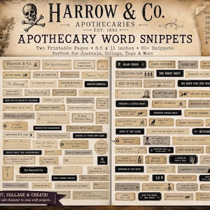 May include: A collection of over 80 printable apothecary word snippets by Harrow & Co. featuring vintage-style labels, ledger fragments, and prescription slips with dark, gothic-themed text on two 21.6 by 27.9 cm pages for craft projects.