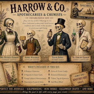 May include: A vintage-style paper kit featuring four skeleton characters: Mrs. Beatrice Harrow, Henry Whitaker, Edgar Bones, and Dr. Edmund Harrow. The design includes apothecary labels, botanical illustrations, prescription forms, and specimen tags with text like Harrow & Co. Apothecaries & Chemists, Poison, and Extract of Opium.