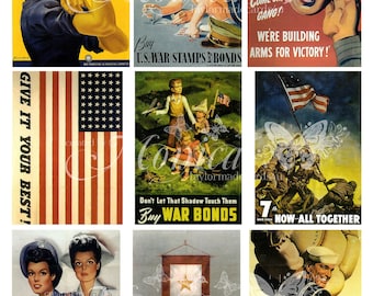 Peut inclure: Un collage d'affiches de propagande de guerre vintage. Les affiches présentent des thèmes patriotiques, notamment des appels à l'action, le recrutement et la promotion de l'achat d'obligations de guerre. La palette de couleurs comprend le rouge, le blanc, le bleu et le jaune.