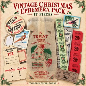 May include: A collection of 17 pieces of vintage Christmas ephemera including a brown paper treat bag, a round Miller Cream label, a pheasant postage stamp, a Frosty Morn Meats tag, North Pole Stores tags, green trading stamps, and red tickets.