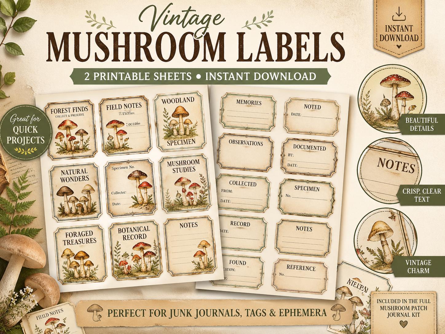 Vintage Mushroom Labels Printable, Junk Journal Labels, Botanical ...