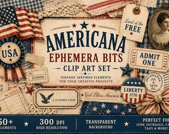 Vintage Americana Clip Art Bundle – Patriotic Ephemera, Junk Journal Elements, Red White Blue Graphics, Scrapbook Clipart,