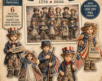 Vintage Americana Children Clipart | 4th of July Patriotic Kids PNG | USA 250 Anniversary Printable | Junk Journal Ephemera - Set 1