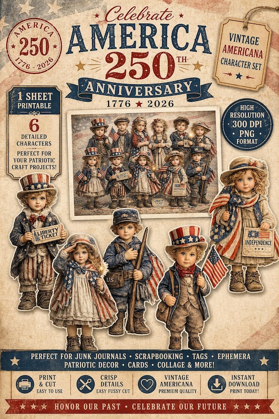 Vintage Americana Children Clipart | 4th of July Patriotic Kids PNG | USA 250 Anniversary Printable | Junk Journal Ephemera - Set 1