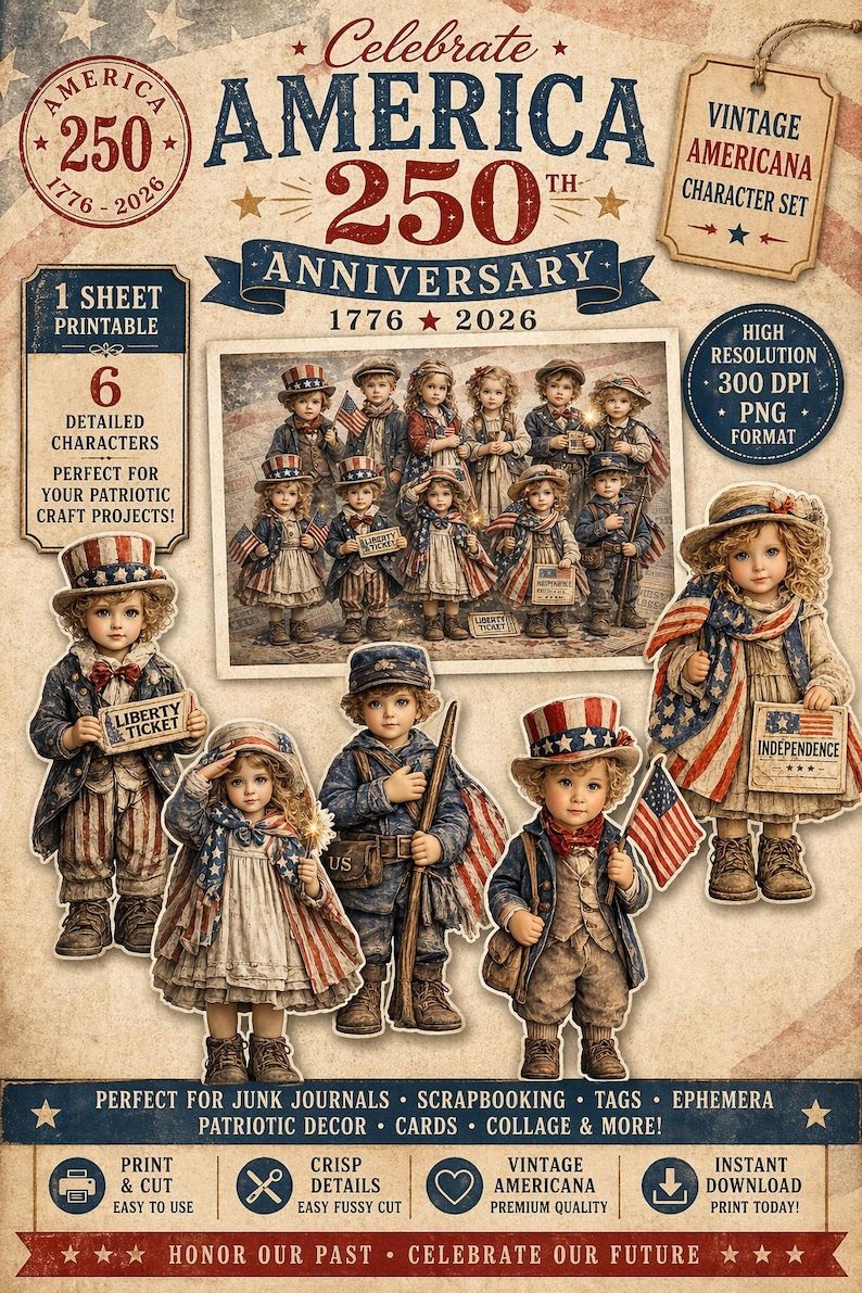 May include: Printable vintage Americana character set for patriotic craft projects. Features detailed illustrations of children in patriotic attire, holding flags and signs. Includes the text "America 250th Anniversary 1776-2026".