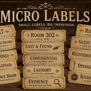 May include: A collection of rectangular, vintage-style paper labels with beige, weathered textures and dark brown typography. The labels feature text such as Room 217, Lost & Found, Confidential, Laundry, Evidence, and Blackhorne Hotel, with decorative icons.