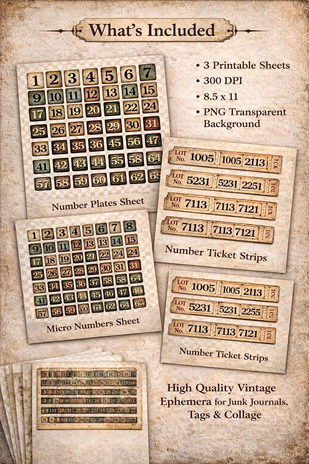 Vintage Number Ephemera Kit PNG | Number Labels Tickets Micro Numbers ...