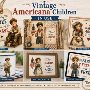 May include: A collection of vintage Americana-themed digital designs featuring illustrations of children, flags, and patriotic phrases. Includes gift tags, junk journals, card making, mugs, wall art, and digital designs. The designs have a rustic, aged appearance.