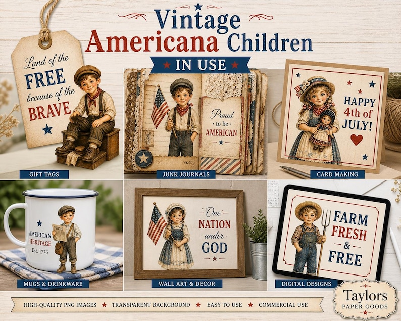 May include: A collection of vintage Americana-themed digital designs featuring illustrations of children, flags, and patriotic phrases. Includes gift tags, junk journals, card making, mugs, wall art, and digital designs. The designs have a rustic, aged appearance.