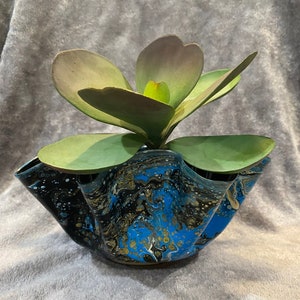 Blue, Black and Gold Painted Record Plant Pot image 1