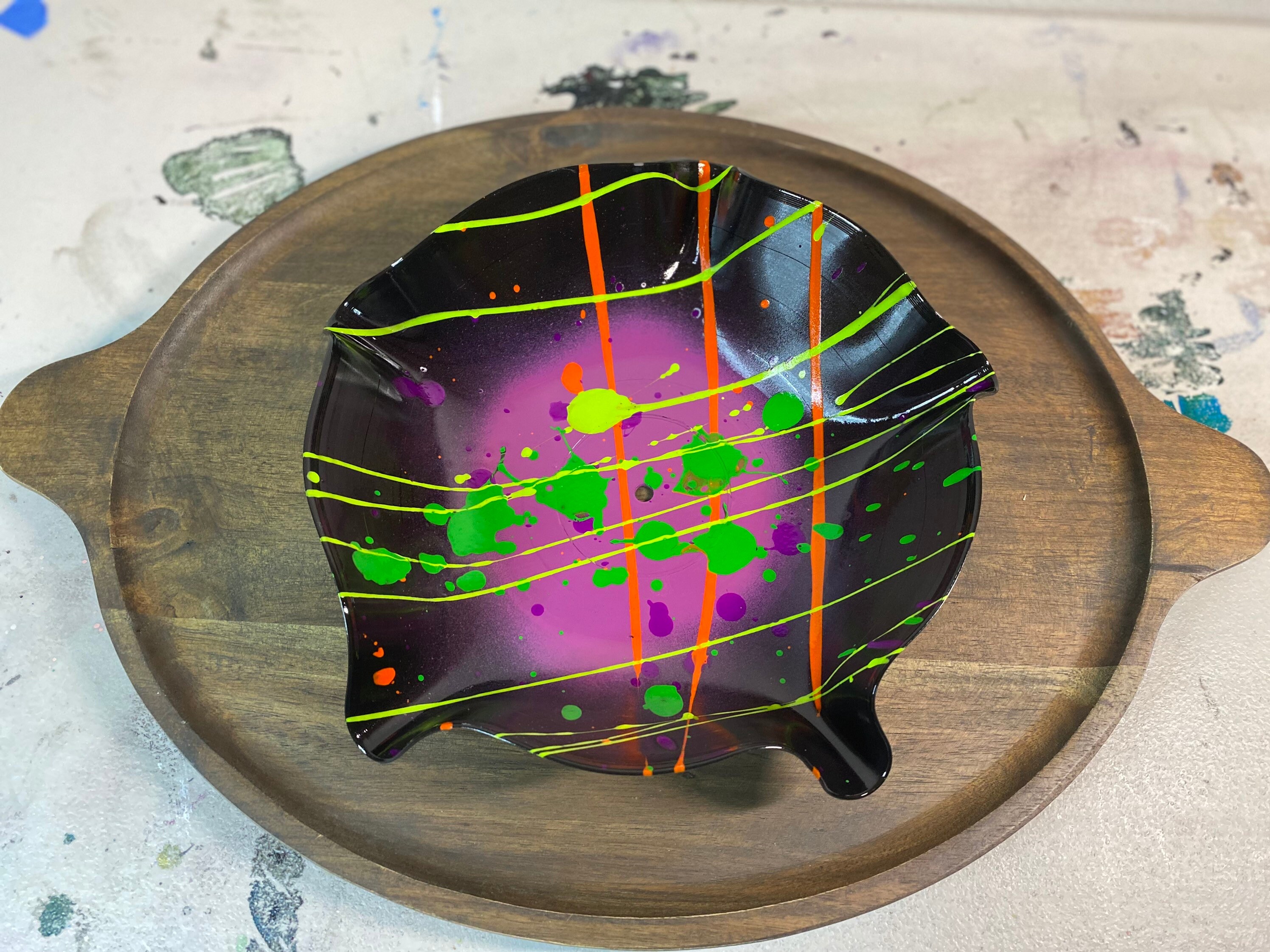 Purple and Neon Painted Vinyl Record Bowl Purple and Neon Painted Vinyl Record Bowl