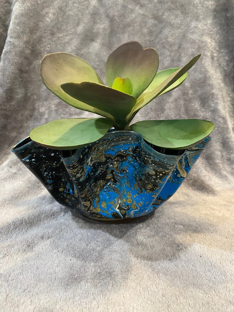 Blue, Black and Gold Painted Record Plant Pot image 1