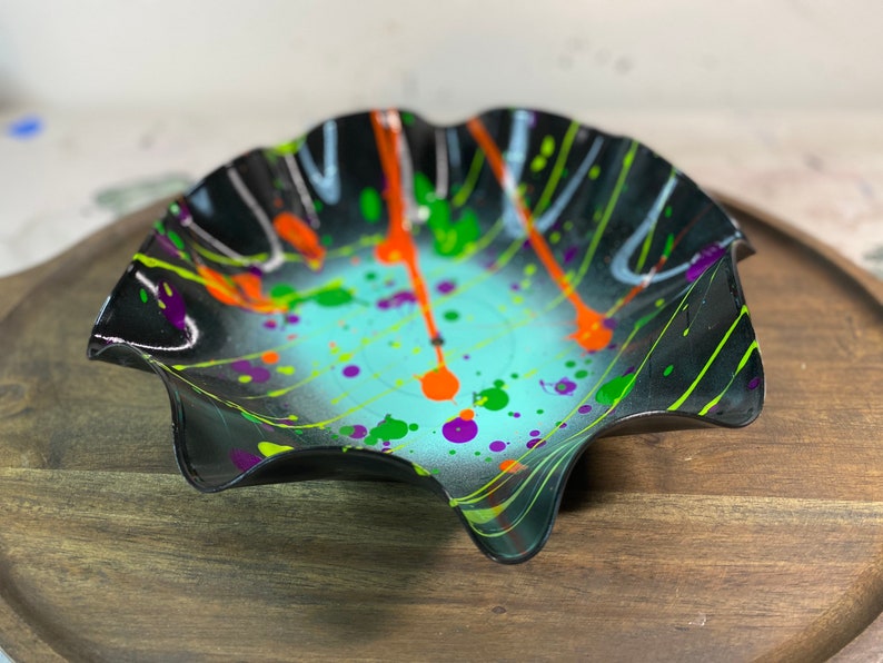 Purple and Neon Painted Vinyl Record Bowl Purple and Neon Painted Vinyl Record Bowl