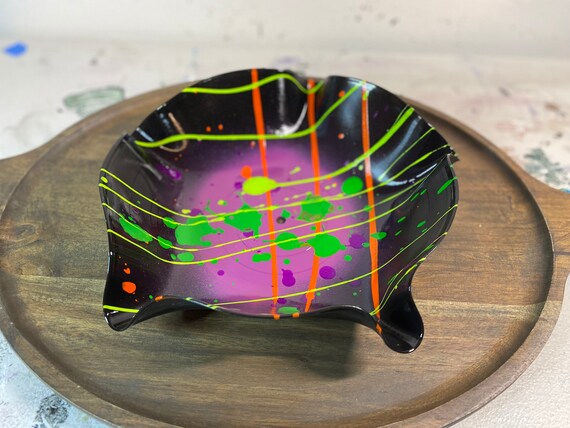 Purple and Neon Painted Vinyl Record Bowl Purple and Neon Painted Vinyl Record Bowl