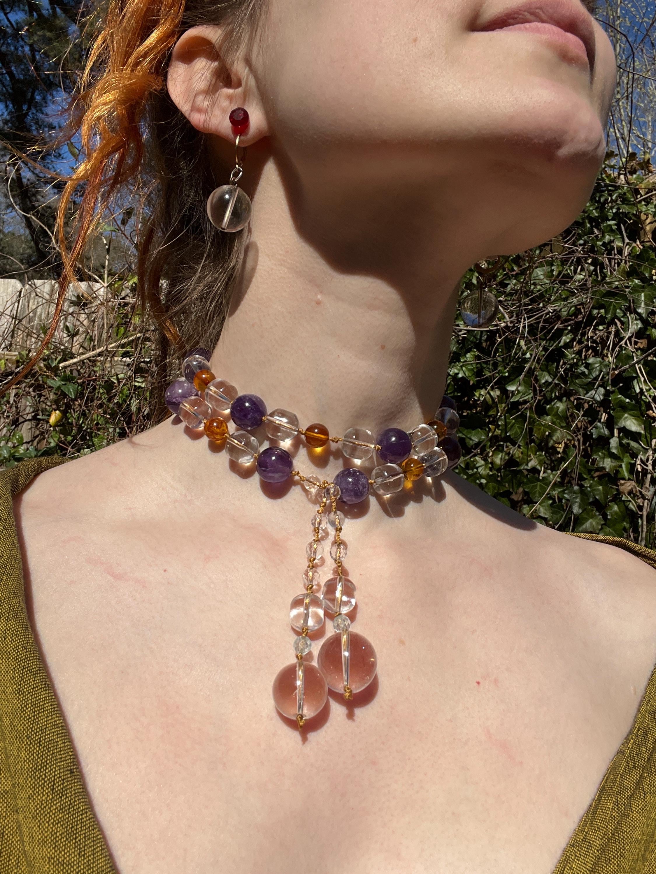 Aaa grade Baltic amber, aaaa grade clear quartz. aaa grade amethyst and topaz crystal double wrap fairy drop necklace