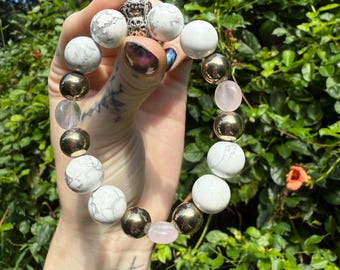 6 1/2” Rose Quartz, Pyrite, and Howlite Crystal Bracelet