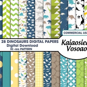 Set Of 28 Walk The Dinosaur Digital Papers,Dinosaurs Boys Kids Blue Green Brown Yellow,Dinosaur Background ,Instant Download, Commercial Use