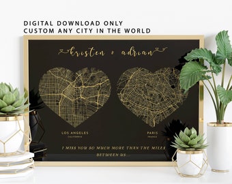 | D’IMPRESSION DE CARTES DES CŒURS Affiche personnalisée de 2 cartes de localisation | Carte murale personnalisée imprimable | | d’art cartographique longue distance Cadeau de mariage pour couple