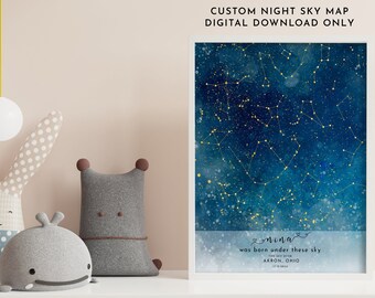 CARTE PERSONNALISÉE DES ÉTOILES DU CIEL NOCTURNE, Jour de votre naissance, Cadeau de nouveau-né, Constellation Nursery Art, Cadeau pour nouvelle maman, Cadeau imprimable pour les nouveaux parents
