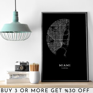 MIAMI stadsplattegrond AFDRUKBAAR zwart-wit donkere cirkel kaart Wall Art Poster moderne minimalistische kantoordecoratie VS Florida Amerika digitaal