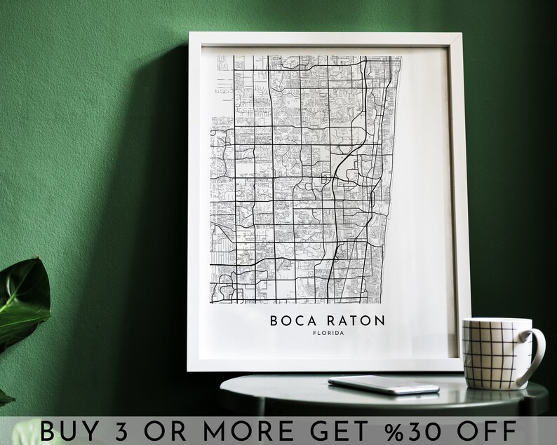 Boca Raton City Map Art: Modern Black and White Print (digital File) - Etsy