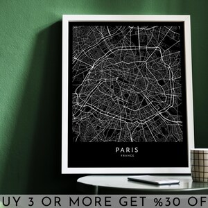PARIS City Map PRINTABLE Black and White Dark Map Wall Art Poster ...