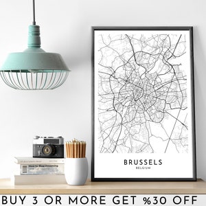 BRUXELLES ville carte IMPRIMABLE noir et blanc mur Art affiche moderne minimaliste bureau décoration BELGIQUE fichier numérique