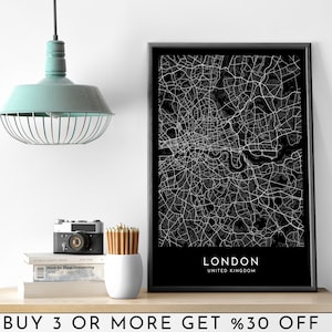 Mapa de la ciudad de LONDRES IMPRIMIBLE Mapa oscuro en blanco y negro Póster de arte de pared Decoración de oficina minimalista moderna Reino Unido Archivo digital de Reino Unido