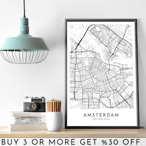 Mapa da cidade de Amsterdã para impressão, preto e branco, arte de parede, pôster moderno e minimalista, decoração de escritório, Holanda, arquivo digital