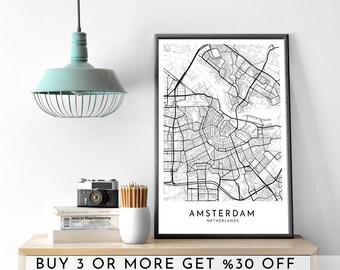 AMSTERDAM ville carte IMPRIMABLE noir et blanc mur Art affiche moderne minimaliste bureau décoration pays-bas fichier numérique