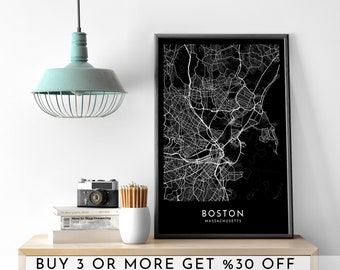 BOSTON City Map IMPRIMABLE Noir et Blanc Dark Map Wall Art Poster Modern Minimalist Office Decoration USA Massachusetts America Digital