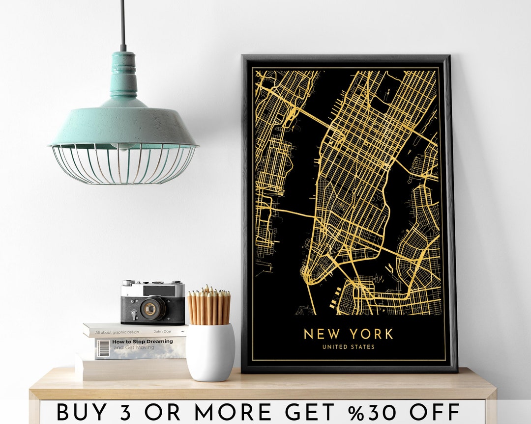 NEW YORK City Map PRINTABLE Gold Foil Wall Art Poster Modern Minimalist ...