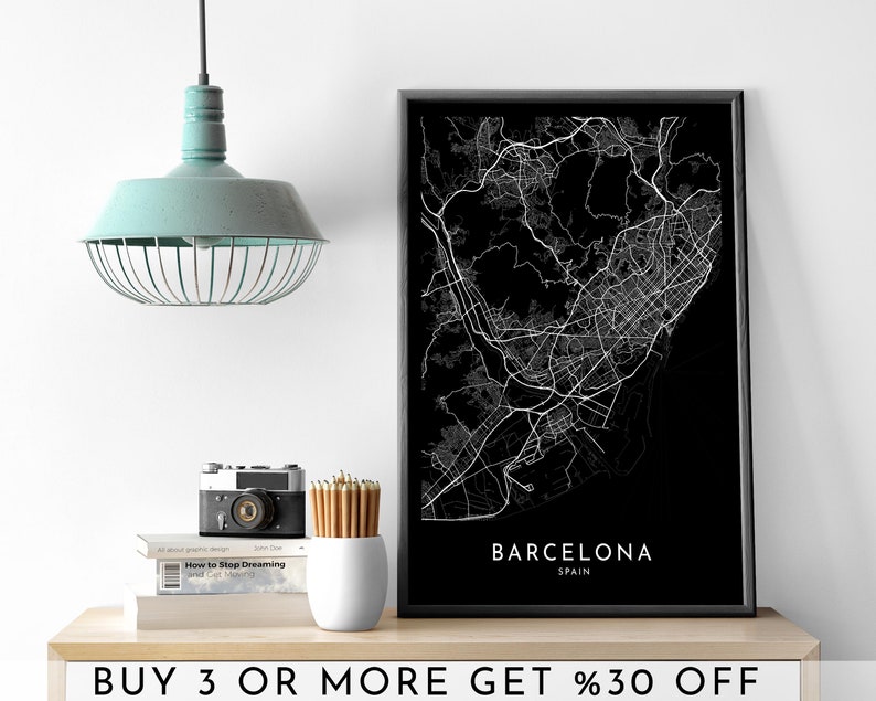 Barcelona City Map Art Print Modern Black and White (digital File) Etsy