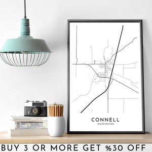 CONNELL stadsplattegrond afdrukbare zwart-witte muurkunst poster moderne minimalistische kantoordecoratie VS WASHINGTON Amerika digitaal bestand