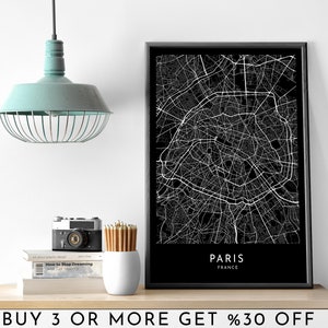 PARÍS Mapa de la ciudad IMPRIMIBLE Blanco y negro Mapa oscuro Arte de la pared Cartel Decoración de oficina minimalista moderna FRANCIA Archivo digital