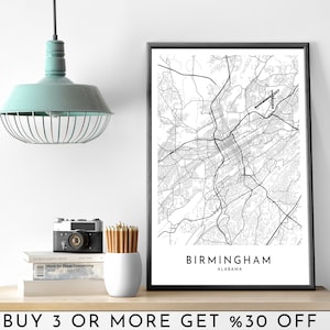 BIRMINGHAM stadsplattegrond afdrukbare zwart-witte muurkunstposter moderne minimalistische kantoordecoratie VS Alabama Amerika digitaal bestand