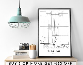 Eldridge Iowa City Map Art: Modern Black and White Print (Digital File)