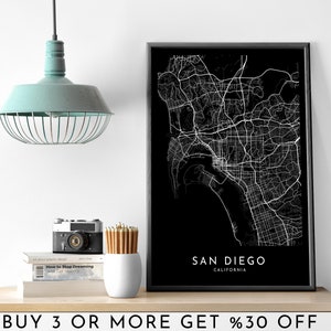 SAN DIEGO Stadt Karte DRUCKBARE Schwarz Weiß Dunkle Karte Wand Kunst Poster Modern Minimalist Büro Dekoration Usa Kalifornien Amerika Digital