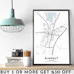 ÄLMHULT stadsplattegrond AFDRUKBARE zwart-witte muurkunstposter moderne minimalistische kantoordecoratie SWERIGE digitaal bestand
