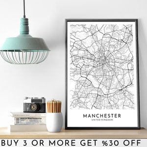 MANCHESTER City Map IMPRIMIBLE Cartel de arte de pared en blanco y negro Decoración de oficina minimalista moderna Reino Unido Archivo digital