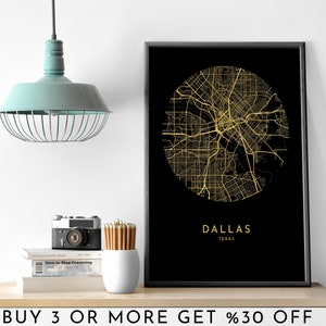 DALLAS Mapa de la ciudad IMPRIMIBLE Gold Foil Circle Wall Art Poster Decoración de oficina minimalista moderna EE.UU. Archivo digital de Texas