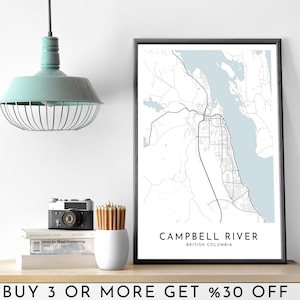 CAMPBELL RIVER City Map IMPRIMIBLE Cartel de arte de pared en blanco y negro Decoración de oficina minimalista moderna Columbia Británica un archivo digital