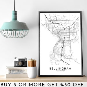 BELLINGHAM stadsplattegrond AFDRUKBARE zwart-witte muurkunstposter moderne minimalistische kantoordecoratie VS Washington Amerika digitaal bestand