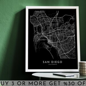 SAN DIEGO City Map PRINTABLE Black and White Dark Map Wall Art Poster ...