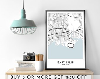 East Islip City Map Art: Modern Black and White Print (Digital File)