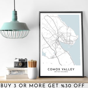 COMOX VALLEY stadsplattegrond afdrukbare zwart-witte muurkunstposter moderne minimalistische kantoordecoratie British Columbia een digitaal bestand