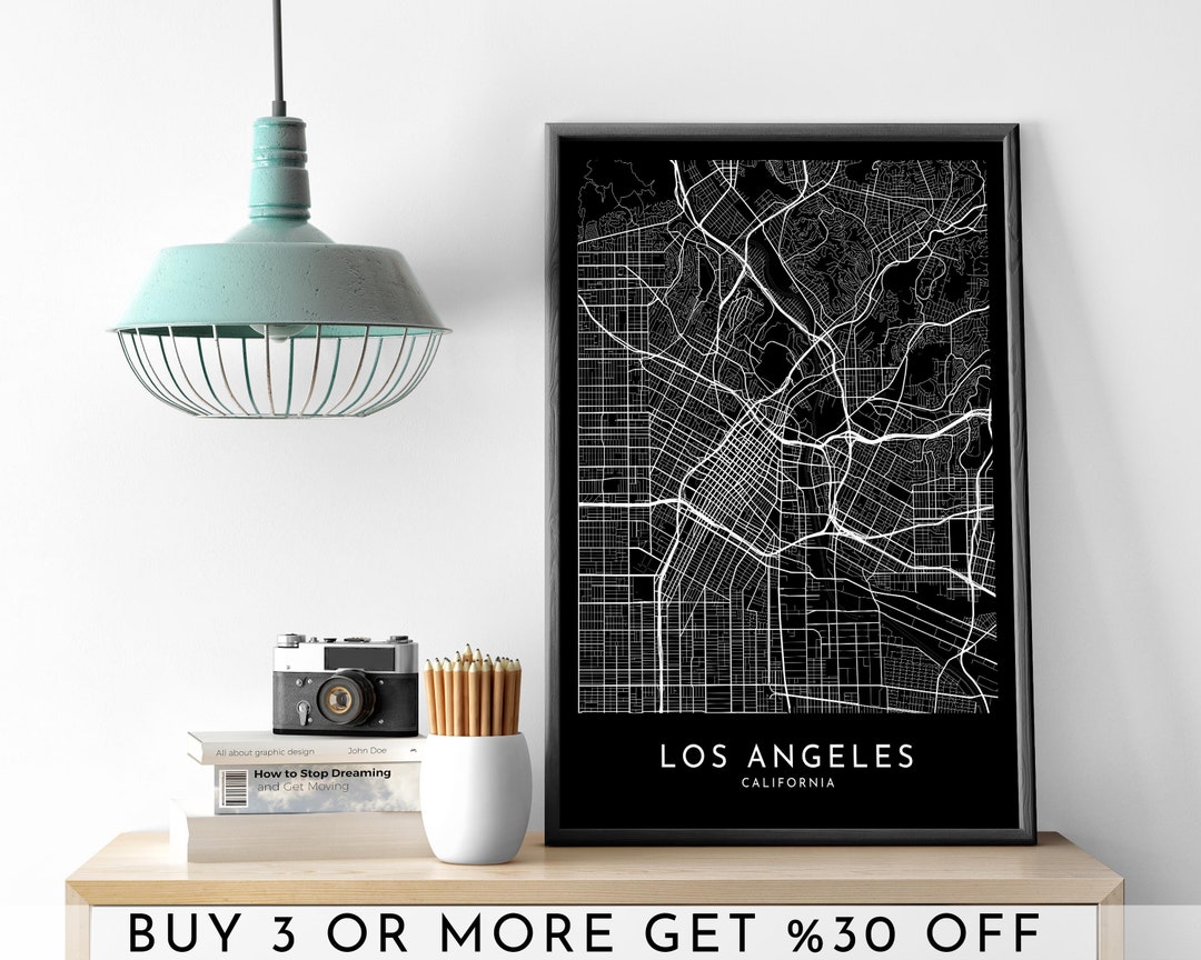 LOS ANGELES City Map PRINTABLE Black and White Dark Map Wall Art Poster ...